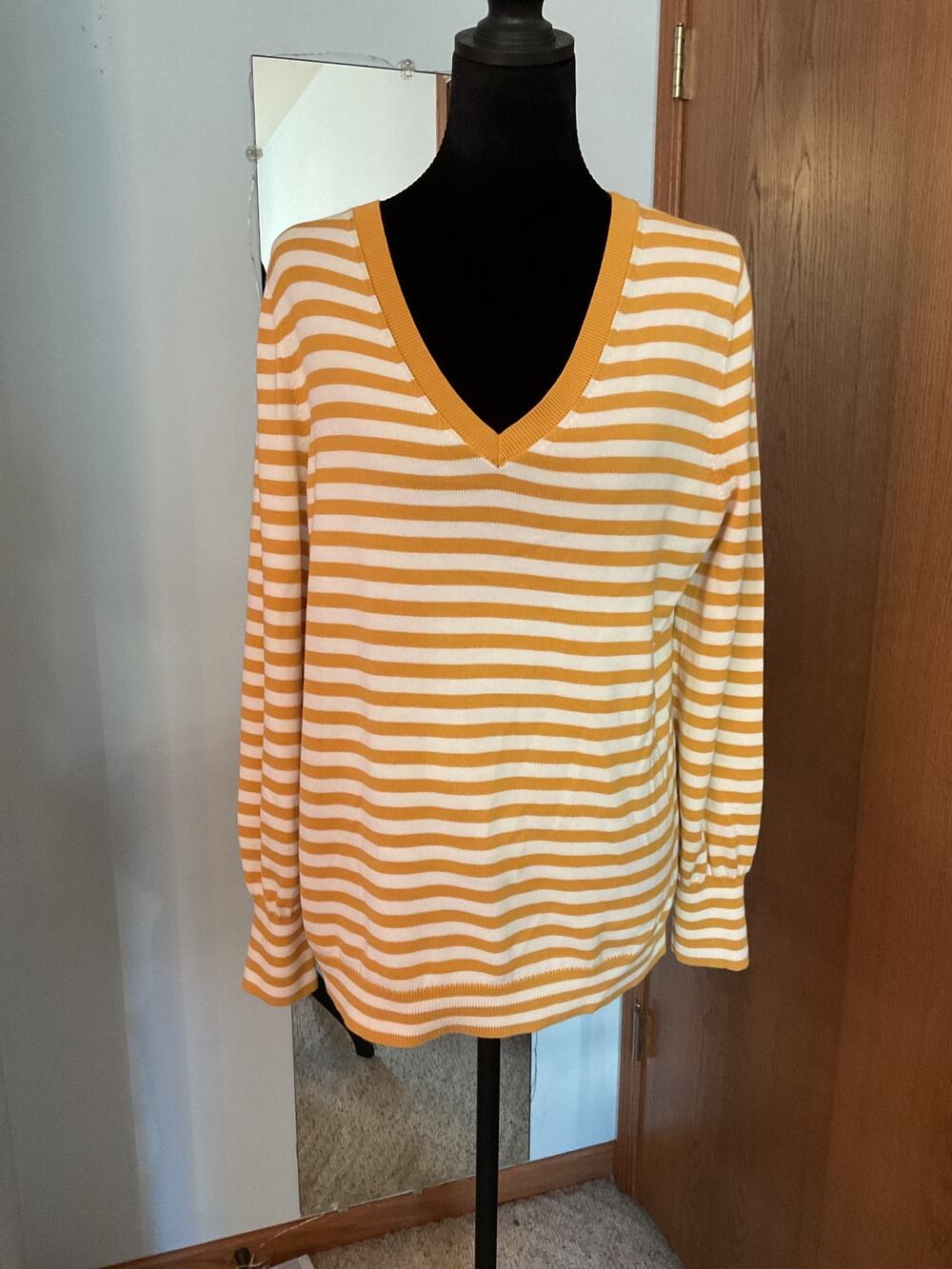 Talbots 100% Cotton Yellow & White Striped V-Neck Sweater cozy preppy nautical